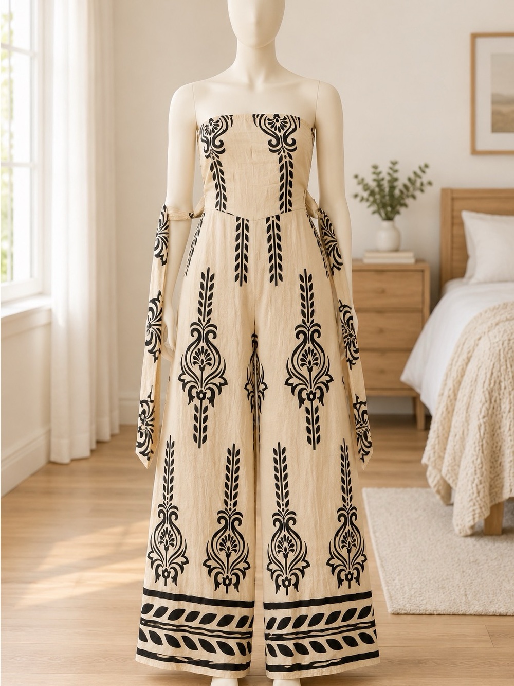 Strapless Cream Jumpsuit with Black Print